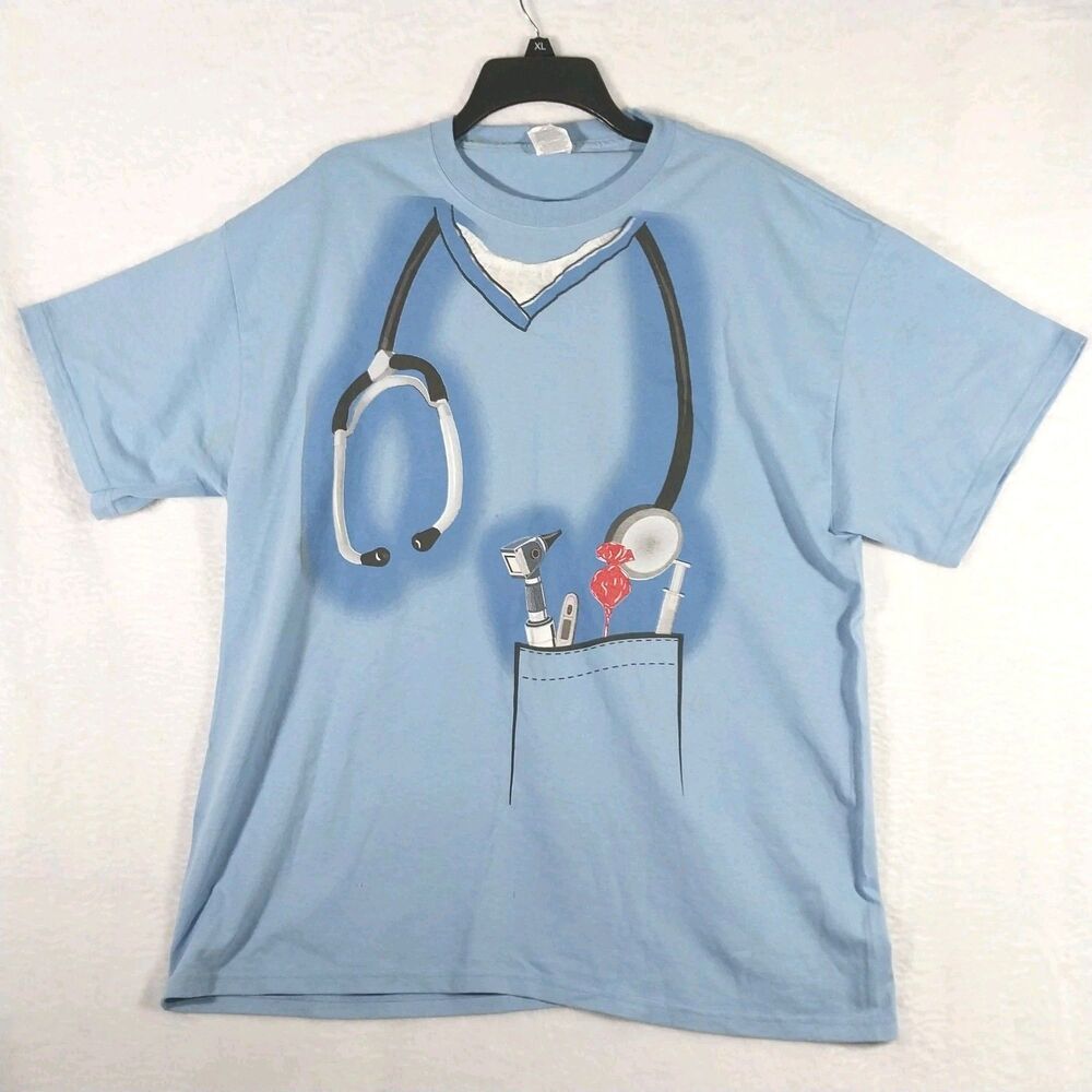 Vintage Pediatric Doctor Scrubs Costume T Shirt Blue XL Novelty Halloween #E91